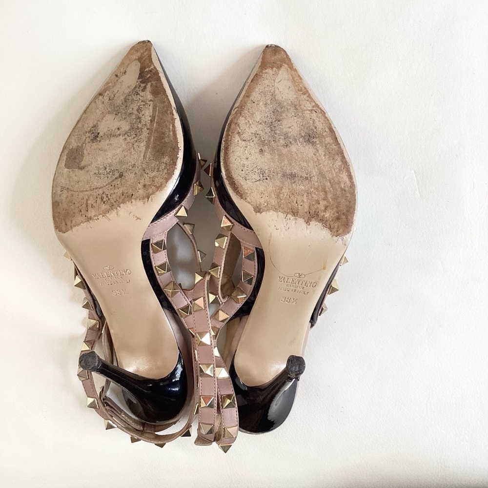 Valentino Garavani Rockstud Black/ Tan Ankle Straps Heels SZ 8.5/38.5 - Picture 10 of 11